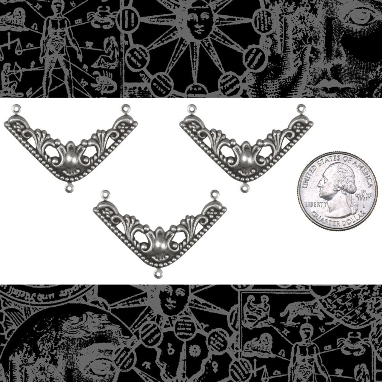 Antiqued Silver Plated Brass Victorian Corner Dramatic Connectors - Set of Three - S-3C37